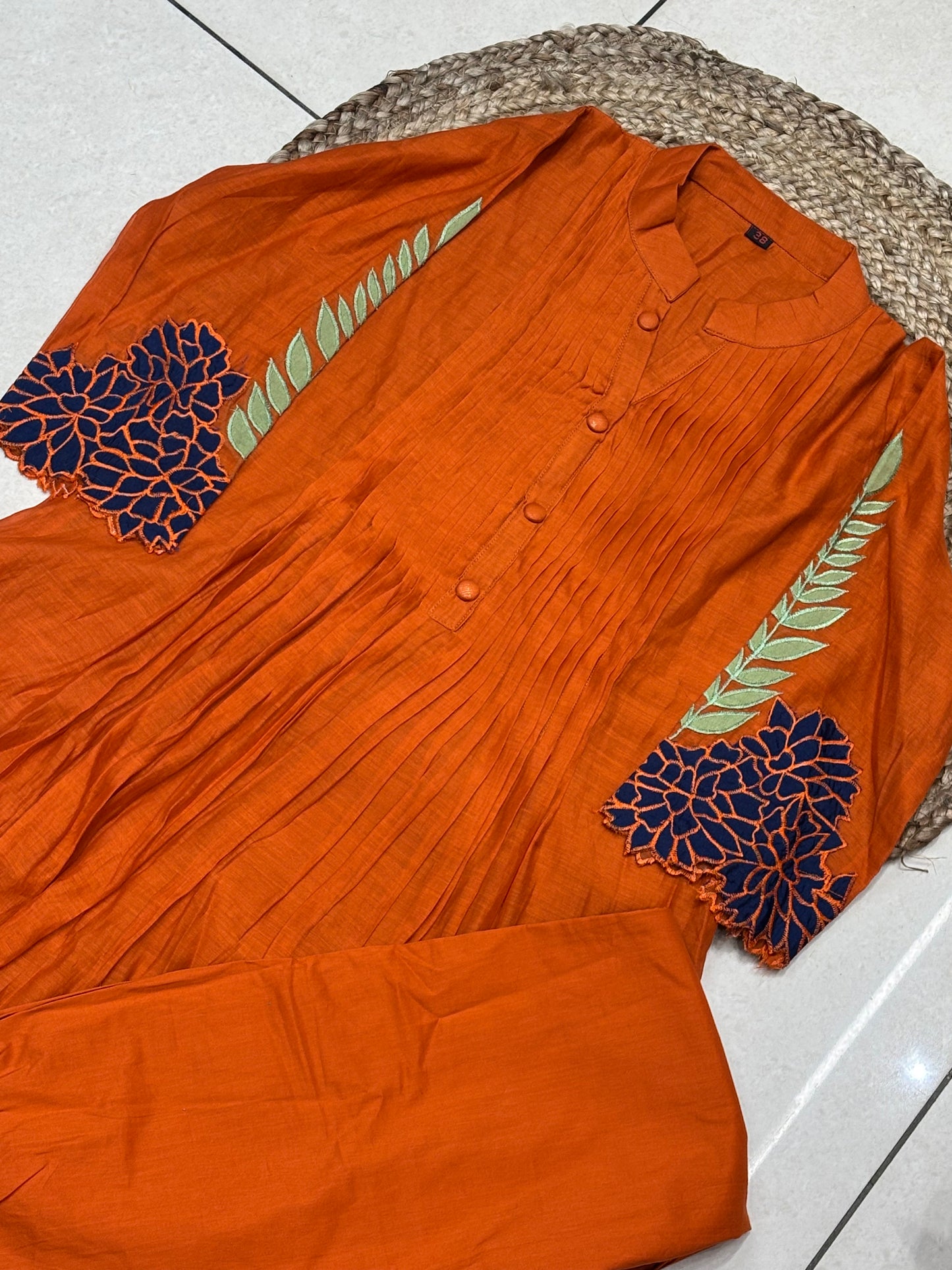 Orange Applique work mul chanderi