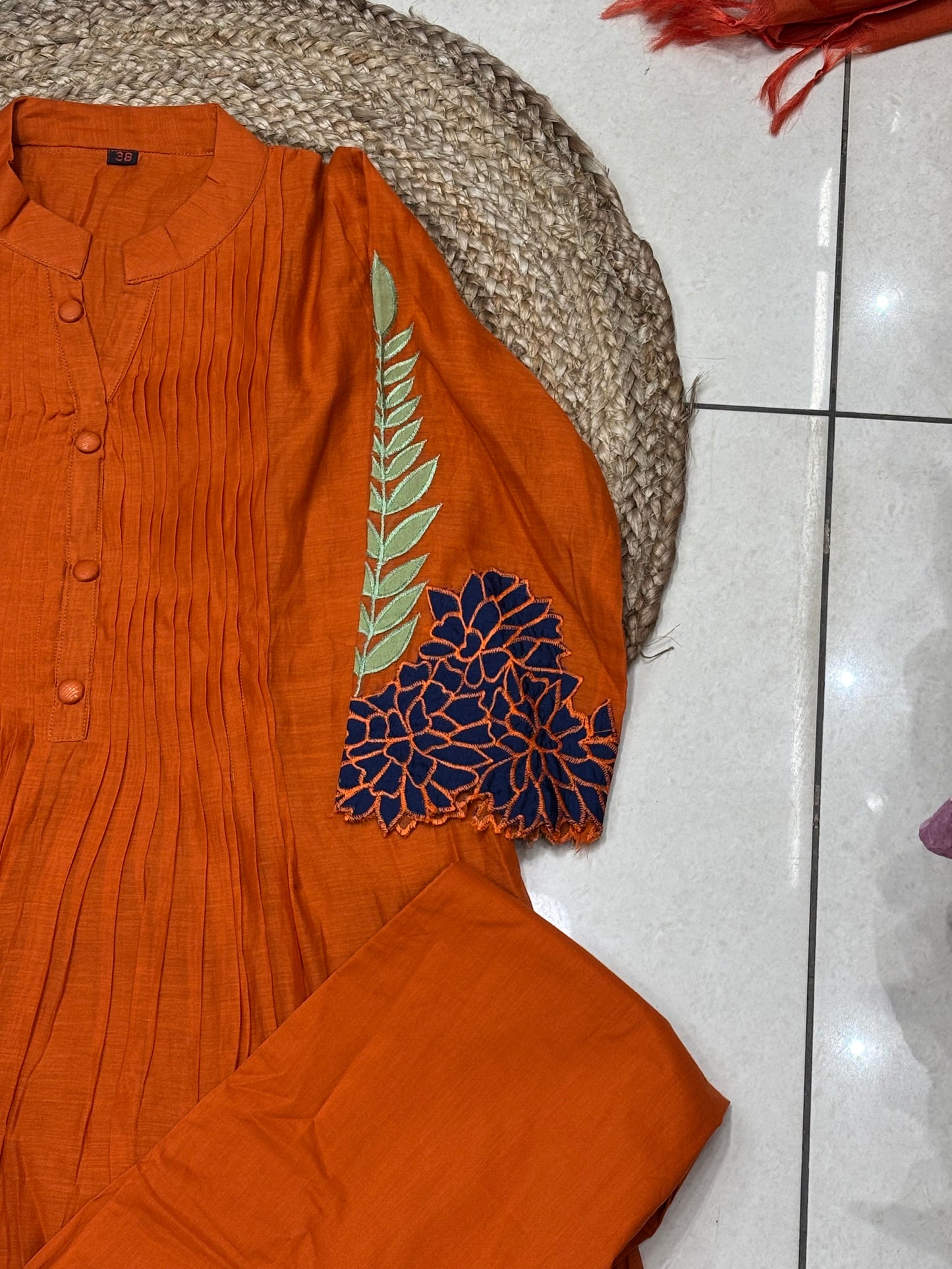 Orange Applique work mul chanderi